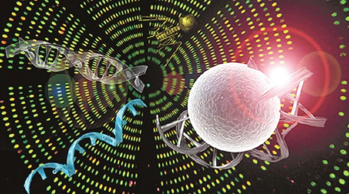 Illustration of a DNA double helix, protein ribbons, and a glowing cell against a field of genetic data points